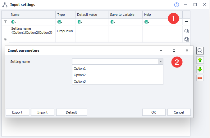 Settings editor window (1), how the user sees the setting (2)